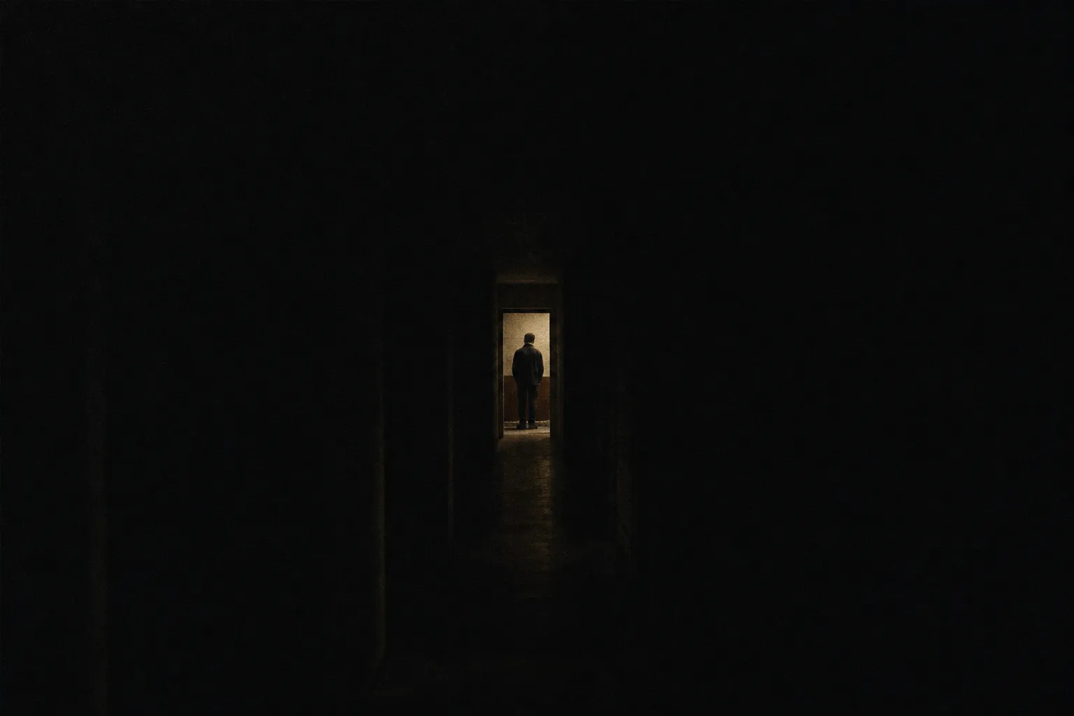A lone figure seen from behind, standing small in a lit doorway at the end of a dark corridor.