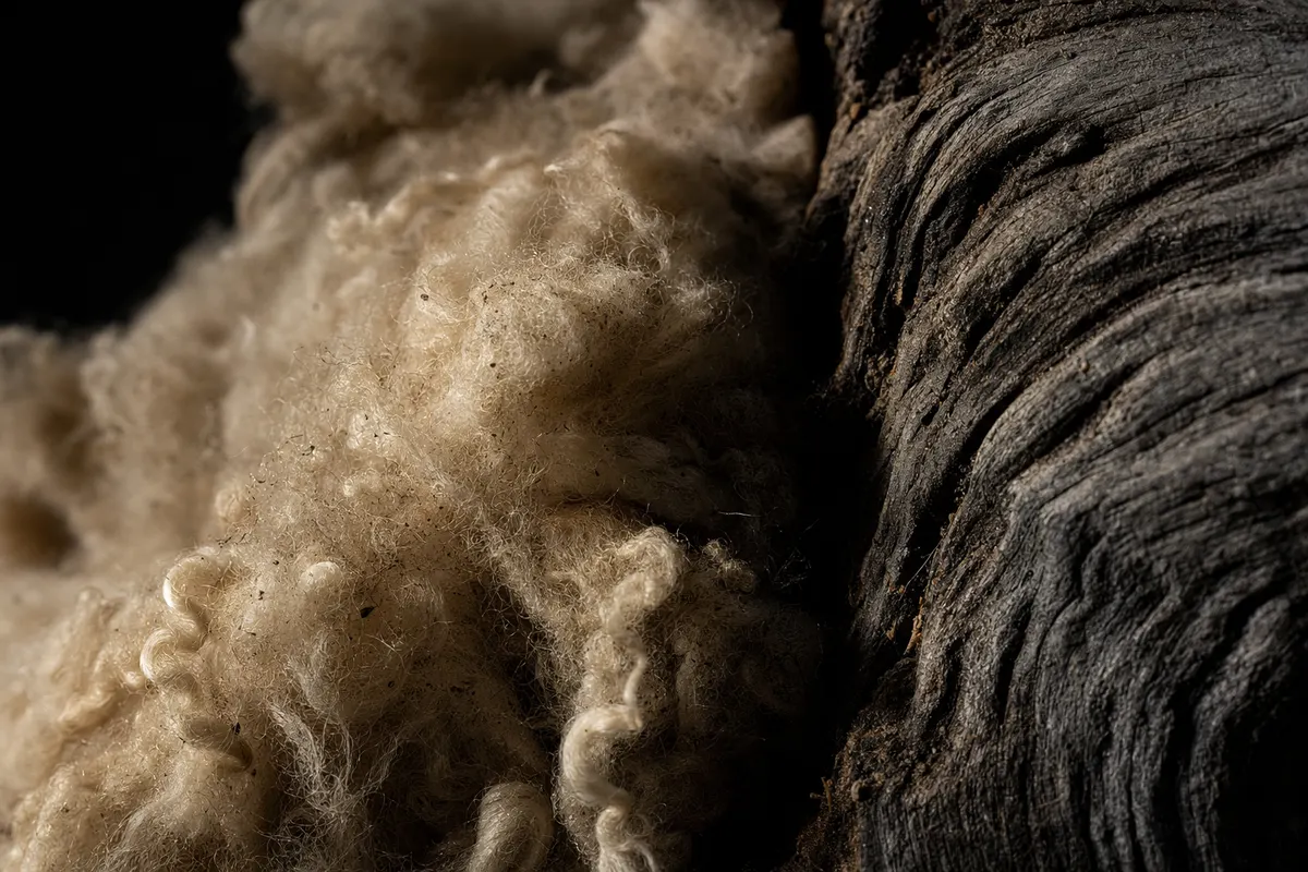 Close-up of raw wool fibres pressed against weathered grey wood, lit from one side.